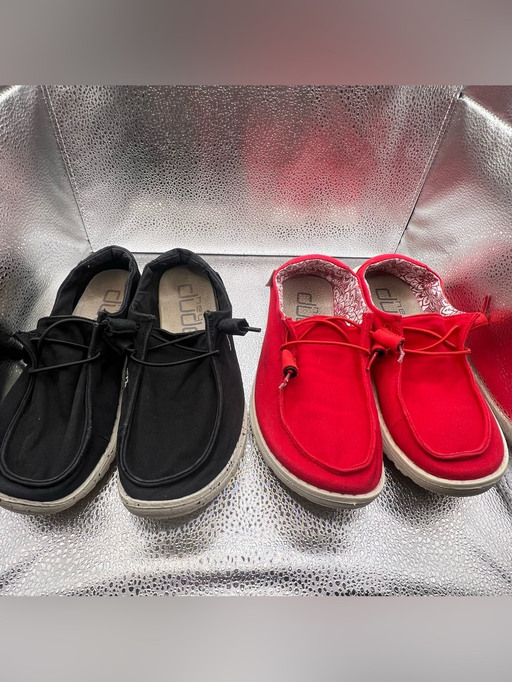 Hey Dude Canvas Slip-Ons in Black and Red